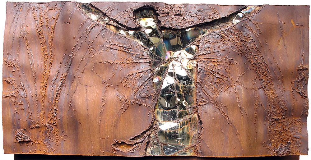 Christus am Kreuz, Metallbild aus Roststahl und Edelstahl, Zeitgenössische Darstellung